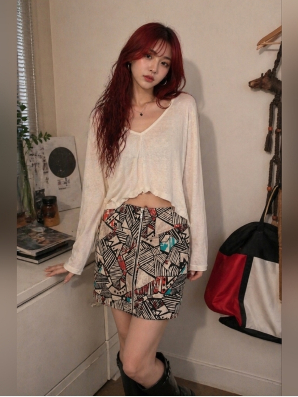 Colorful Graphic Mini Skirt With Pockets And Zipper